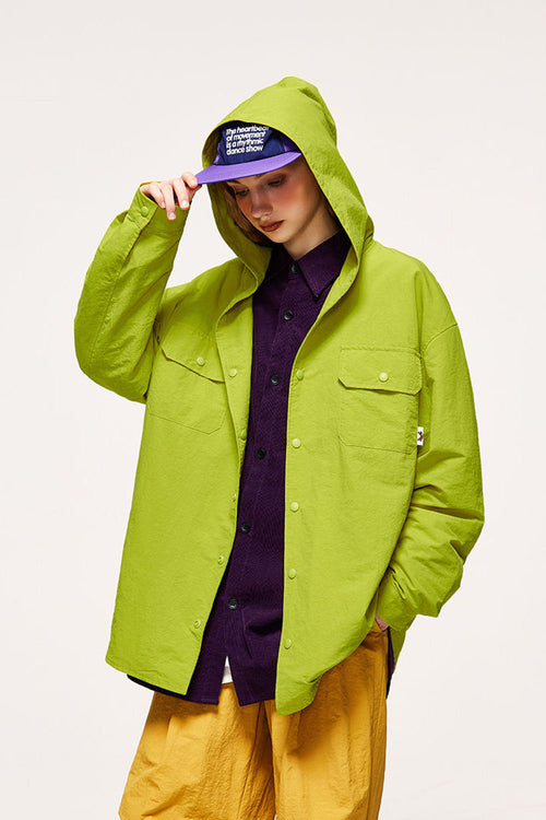 Water-Repellent Check Hooded Shirt Jacket - Green