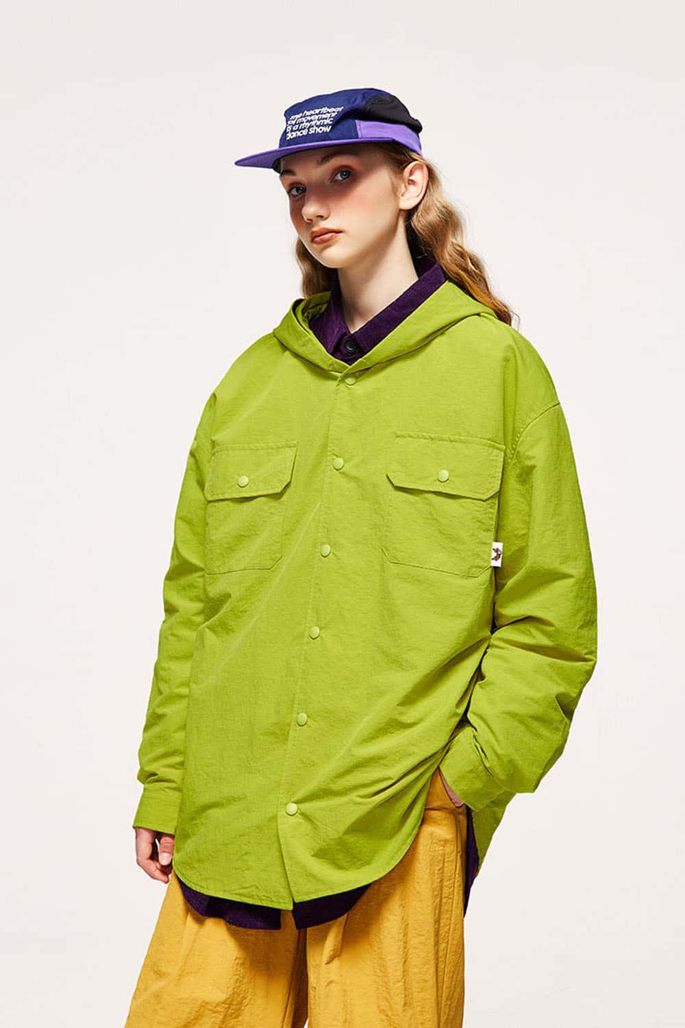 Water-Repellent Hooded Snap-Front Nylon Shirt Jacket in Green - product detail close-up