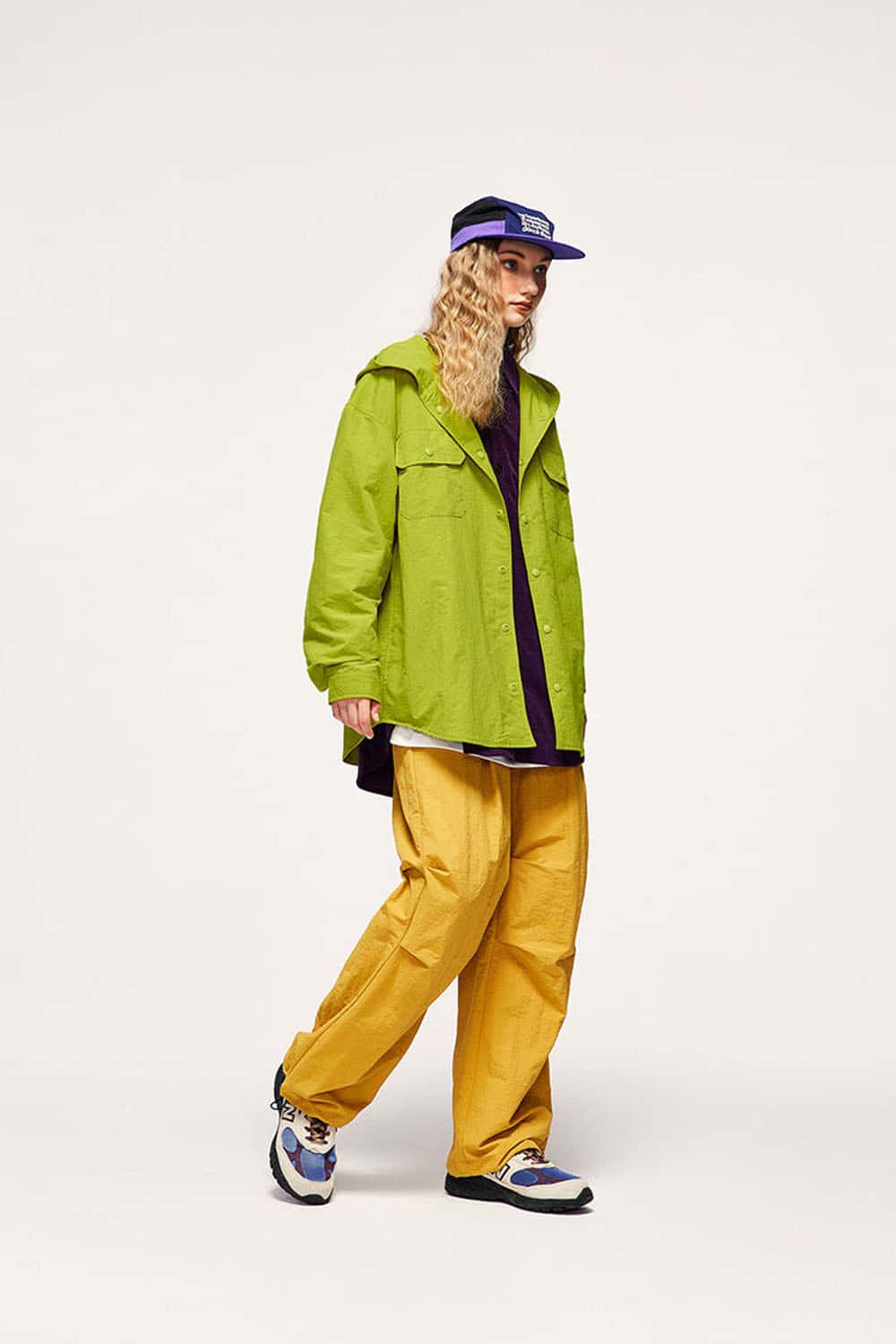Water-Repellent Hooded Snap-Front Nylon Shirt Jacket in Green - full-length modeled view