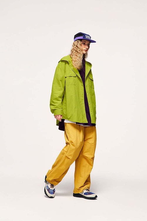 Water-Repellent Hooded Snap-Front Nylon Shirt Jacket in Green - full-length modeled view