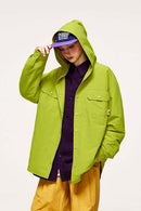 Water-Repellent Hooded Snap-Front Nylon Shirt Jacket in Green - three-quarter front modeled view