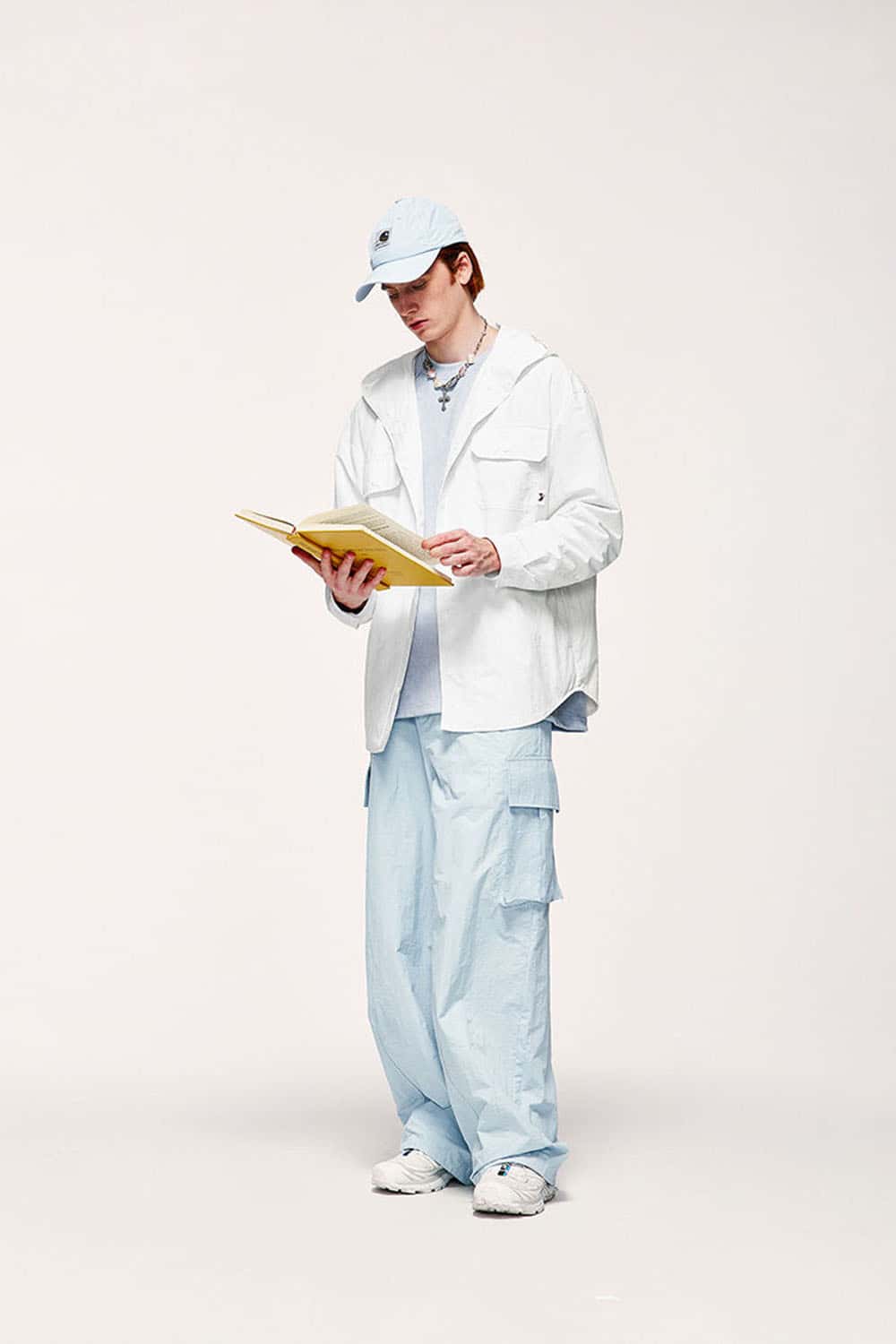 Water-Repellent Hooded Snap-Front Nylon Shirt Jacket in Teeth White - full-length front modeled view