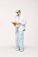 Water-Repellent Hooded Snap-Front Nylon Shirt Jacket in Teeth White - full-length front modeled view