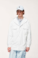 Water-Repellent Hooded Snap-Front Nylon Shirt Jacket in Teeth White - full-length front modeled view