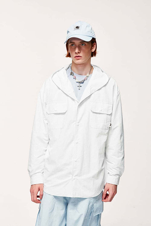 Water-Repellent Hooded Snap-Front Nylon Shirt Jacket in Teeth White - full-length front modeled view