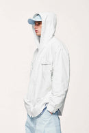 Water-Repellent Hooded Snap-Front Nylon Shirt Jacket in Teeth White - side modeled view