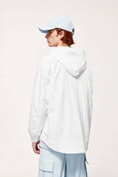 Water-Repellent Hooded Snap-Front Nylon Shirt Jacket in Teeth White - full-length back modeled view