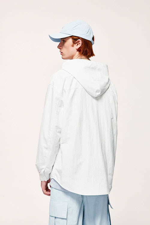 Water-Repellent Hooded Snap-Front Nylon Shirt Jacket in Teeth White - full-length back modeled view