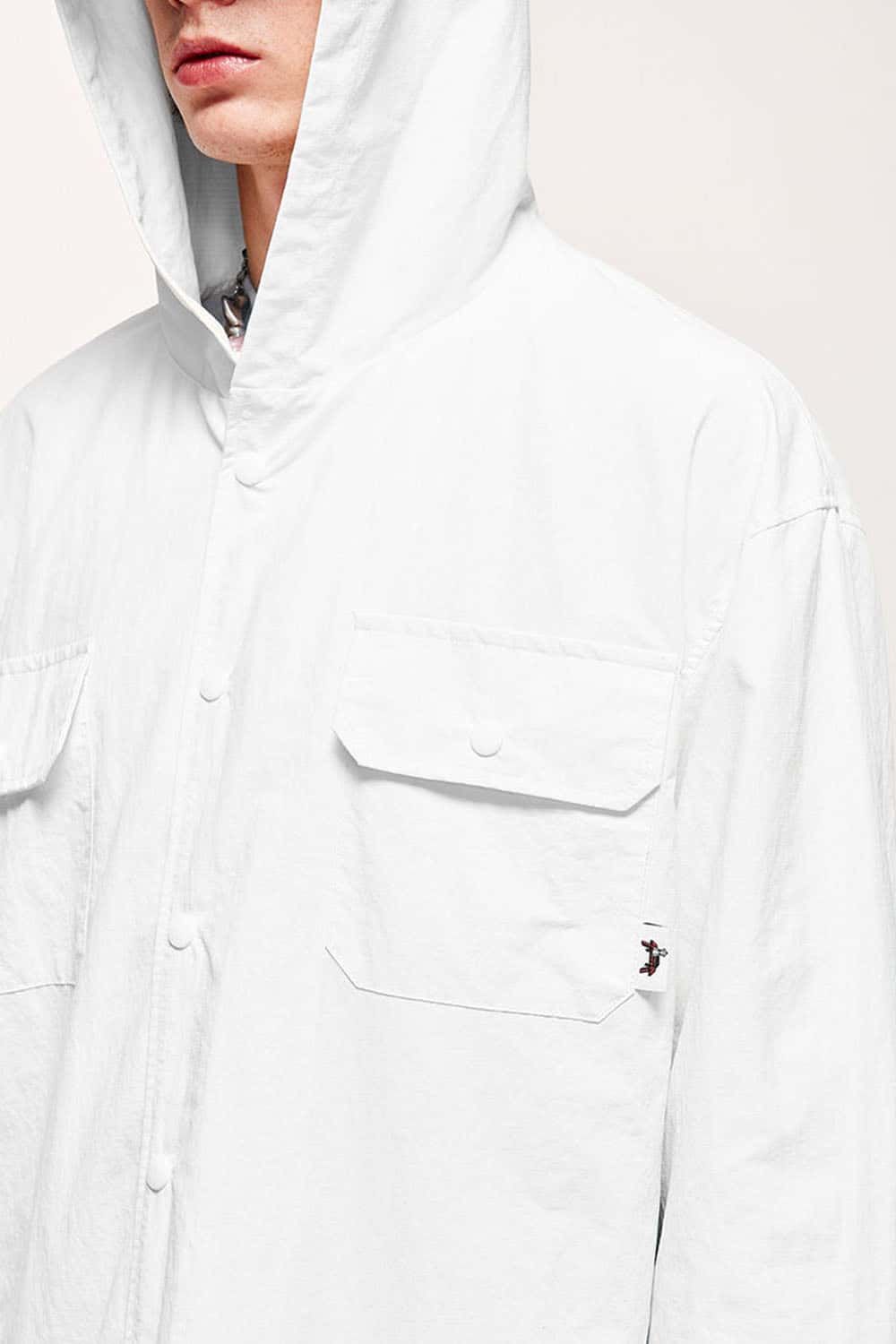 Water-Repellent Hooded Snap-Front Nylon Shirt Jacket in Teeth White - product detail close-up