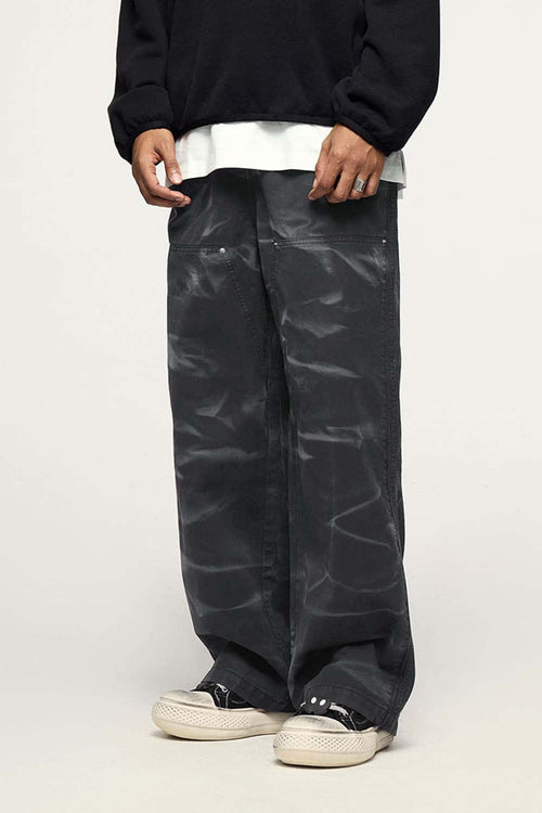 Washed Cotton Wide-Leg Carpenter Pants in Black - waistband detail