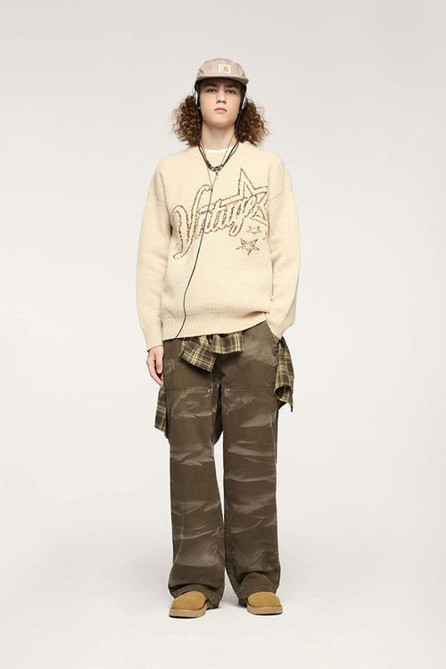 Washed Cotton Wide-Leg Carpenter Pants in Khaki Green - full-length front modeled view