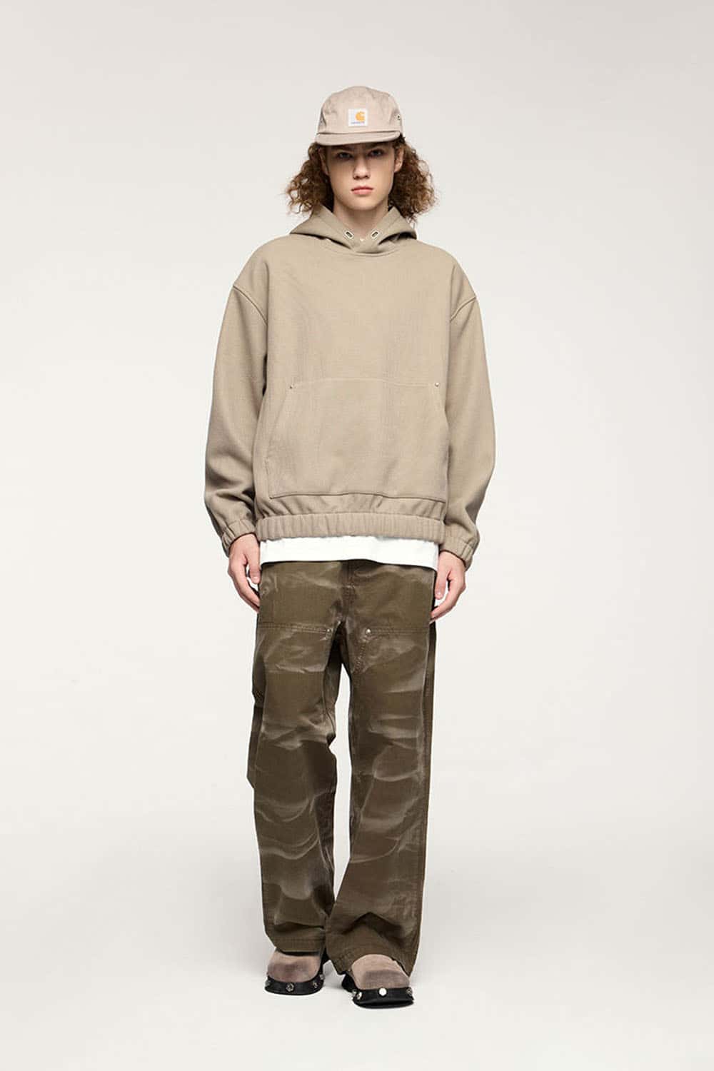 Washed Cotton Wide-Leg Carpenter Pants in Khaki Green - full-length front modeled view