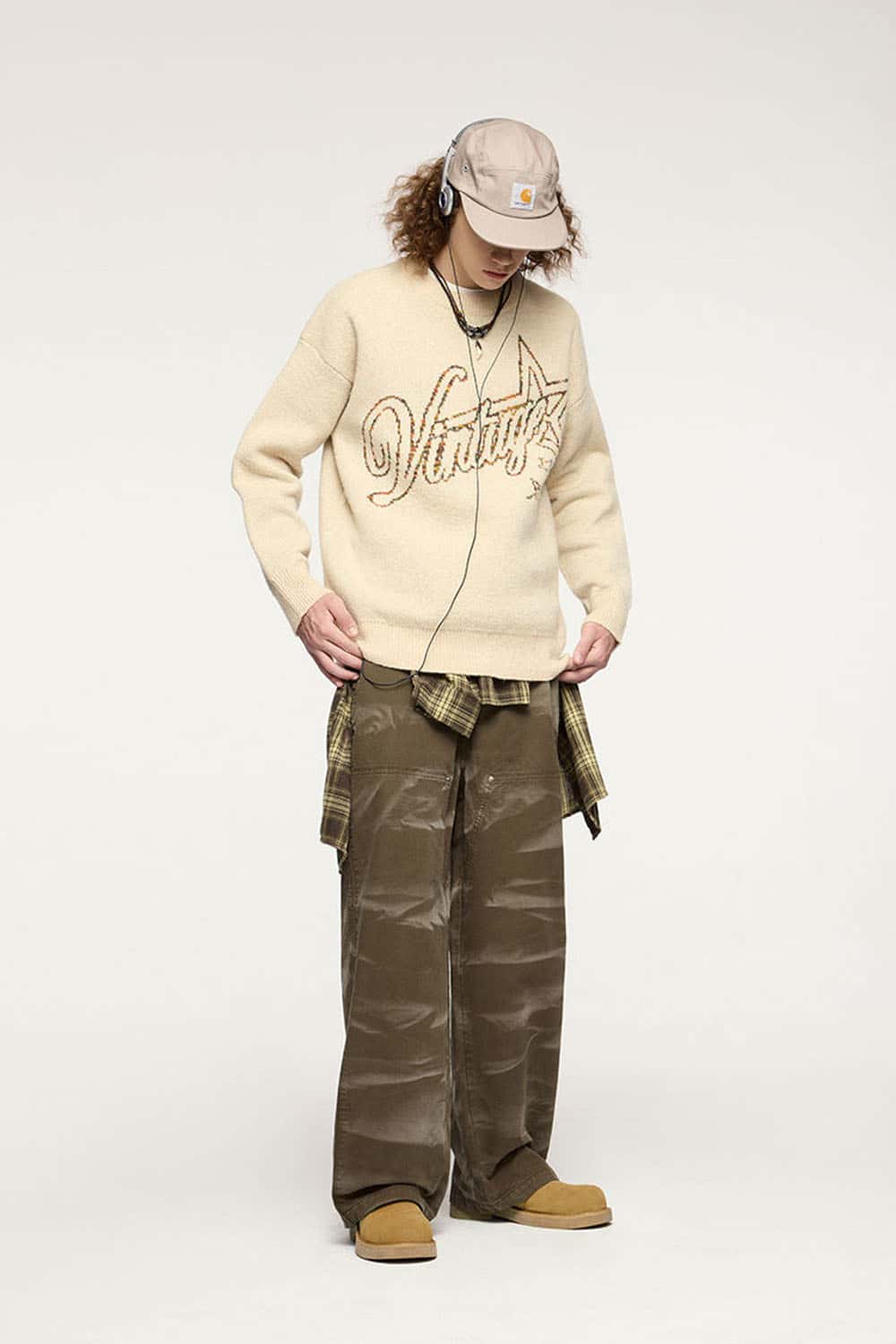 Washed Cotton Wide-Leg Carpenter Pants in Khaki Green - full-length front modeled view