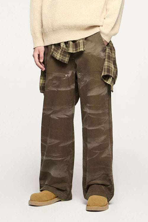 Washed Cotton Wide-Leg Carpenter Pants in Khaki Green - waistband detail