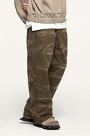 Washed Cotton Wide-Leg Carpenter Pants in Khaki Green - product detail close-up