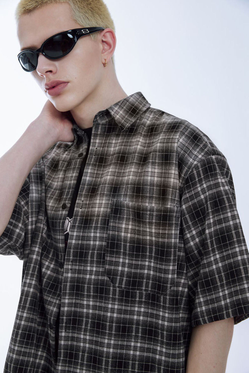 Contrast Color Gradient Plaid Shirt Loose Couple Short Sleeve Checkered Shirt