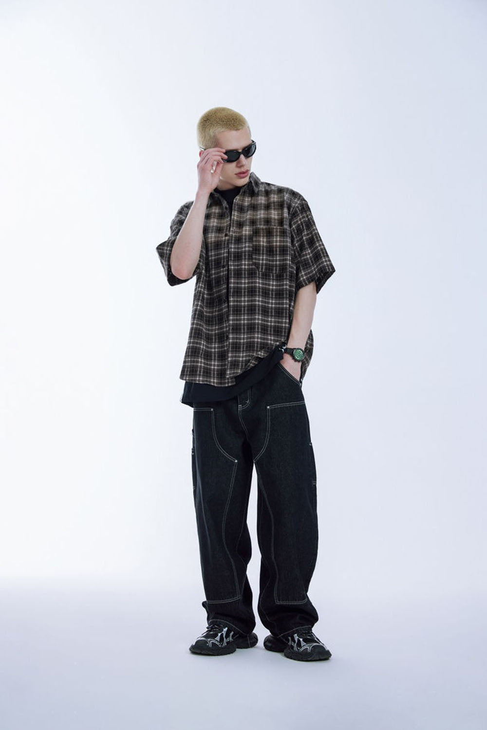 Contrast Color Gradient Plaid Shirt Loose Couple Short Sleeve Checkered Shirt