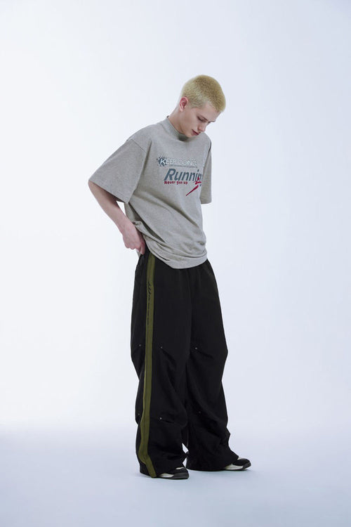 Striped Drawstring Parachute Pants - Black