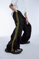 Striped Drawstring Parachute Pants - Black