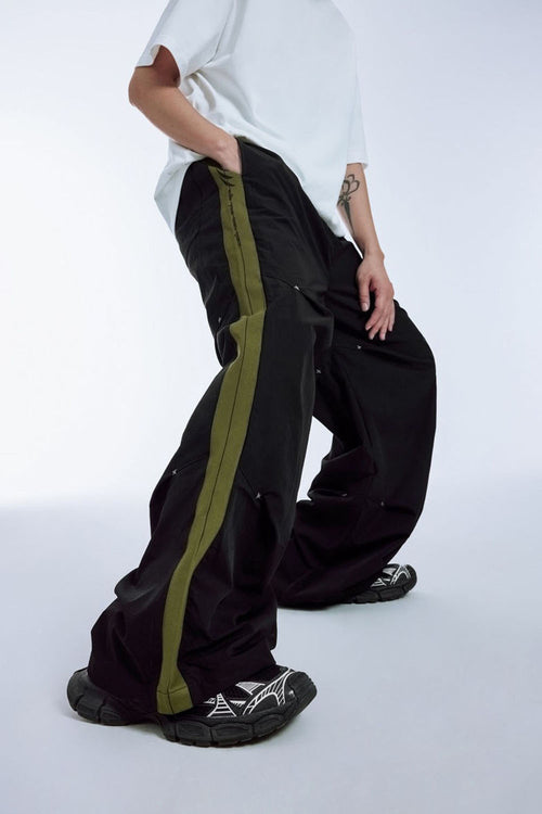 Striped Drawstring Parachute Pants - Black