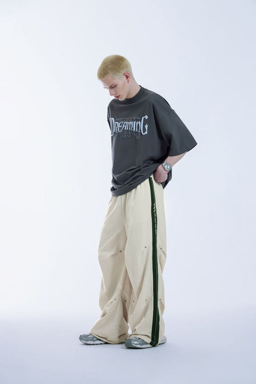 Striped Drawstring Parachute Pants - Apricot