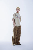 Striped Drawstring Parachute Pants - Brown