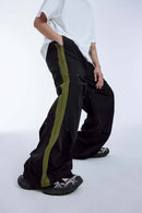 Striped Drawstring Loose Parachute Pants in Black - product detail close-up