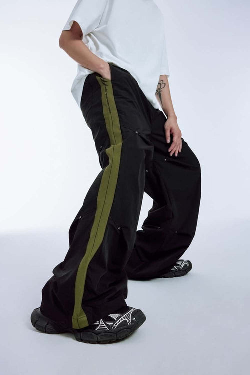 Striped Drawstring Loose Parachute Pants in Black - product detail close-up