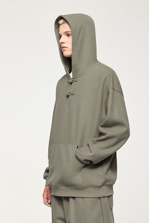 Heritage Frog-Button Brushed Hoodie - Grayish Green
