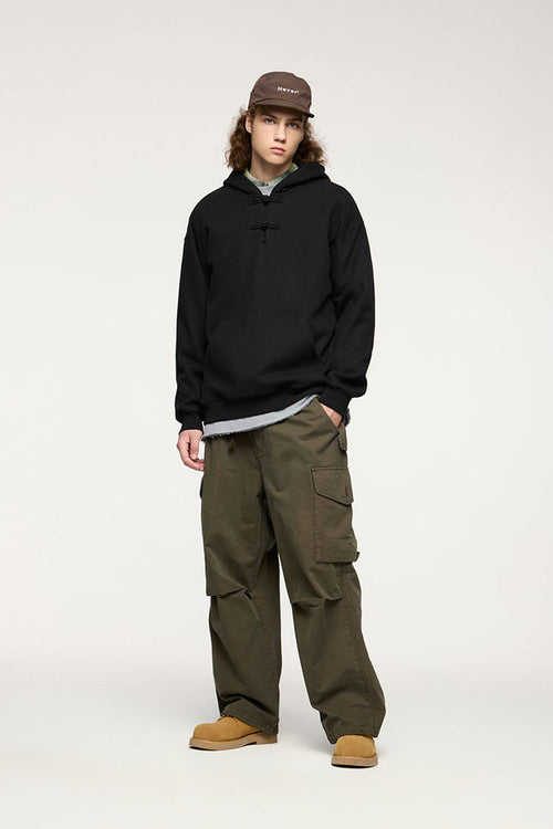 Heritage Frog-Button Brushed Hoodie - Black