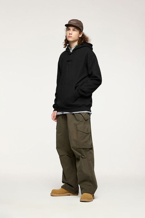 Heritage Frog-Button Brushed Hoodie - Black