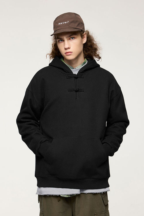 Heritage Frog-Button Brushed Hoodie - Black