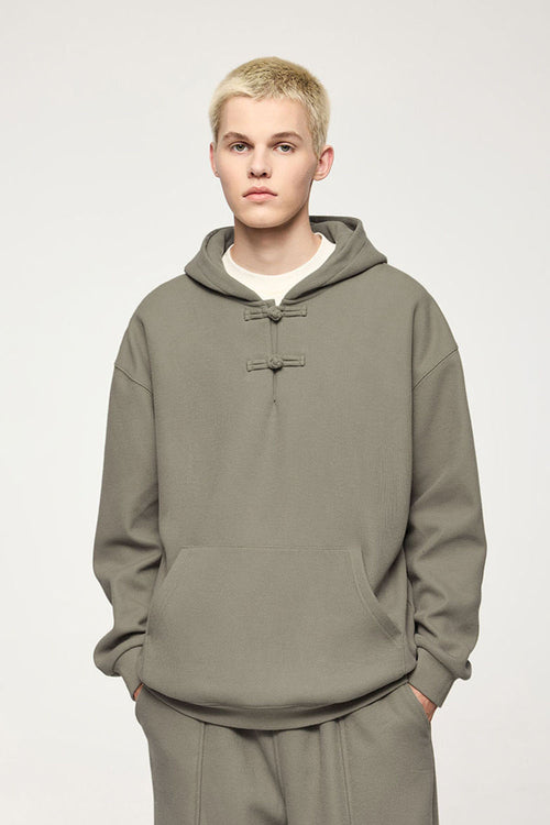 Heritage Frog-Button Brushed Hoodie - Grayish Green