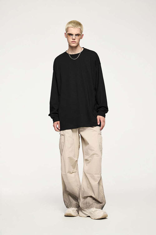Oversized Longline Heavyweight Cotton T-Shirt in Black - full-length front modeled view