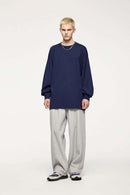 Oversized Longline Heavyweight Cotton T-Shirt in Navy Blue - full-length front modeled view