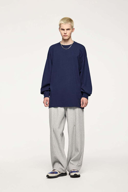 Oversized Longline Heavyweight Cotton T-Shirt in Navy Blue - full-length front modeled view