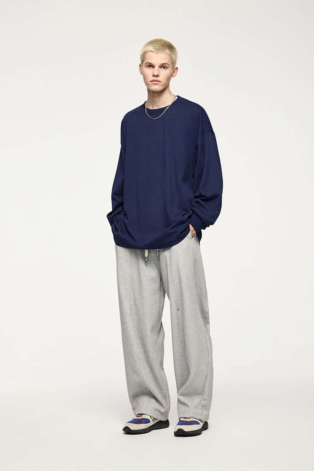 Oversized Longline Heavyweight Cotton T-Shirt in Navy Blue - full-length front modeled view