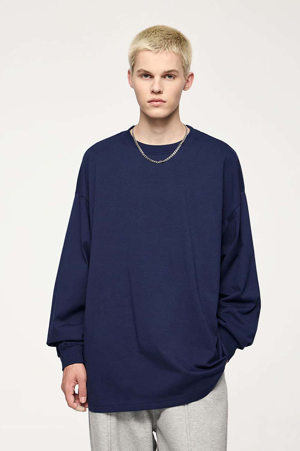 Oversized Longline Heavyweight Cotton T-Shirt in Navy Blue - front modeled view