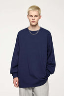 Oversized Longline Heavyweight Cotton T-Shirt in Navy Blue - front modeled view