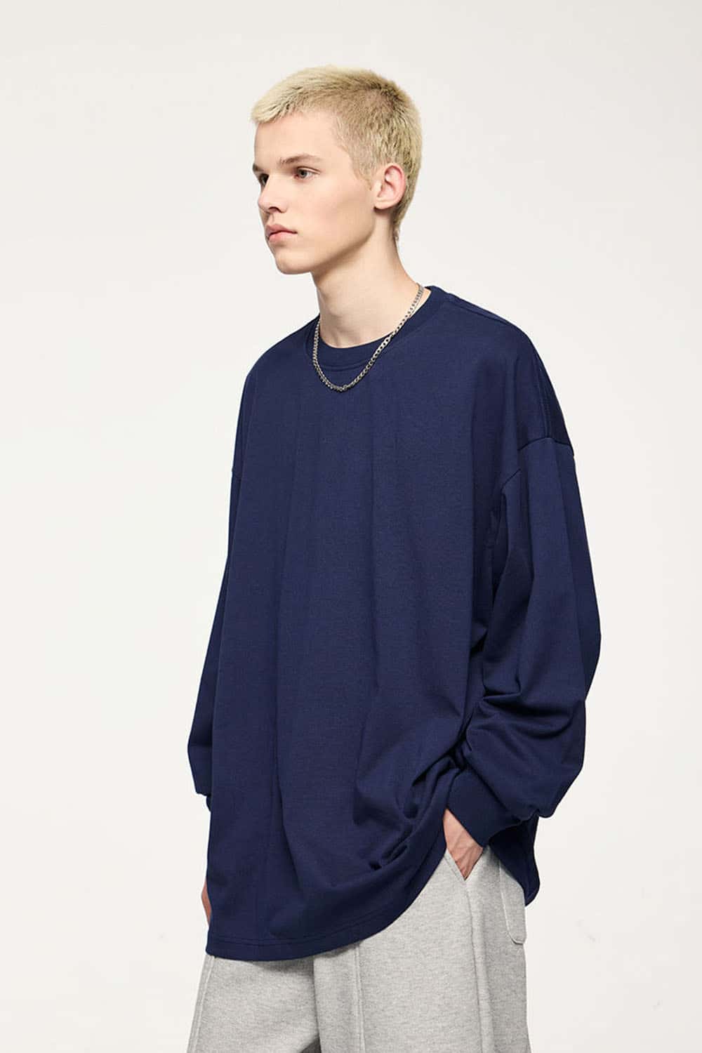 Oversized Longline Heavyweight Cotton T-Shirt in Navy Blue - front modeled view