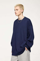Oversized Longline Heavyweight Cotton T-Shirt in Navy Blue - front modeled view