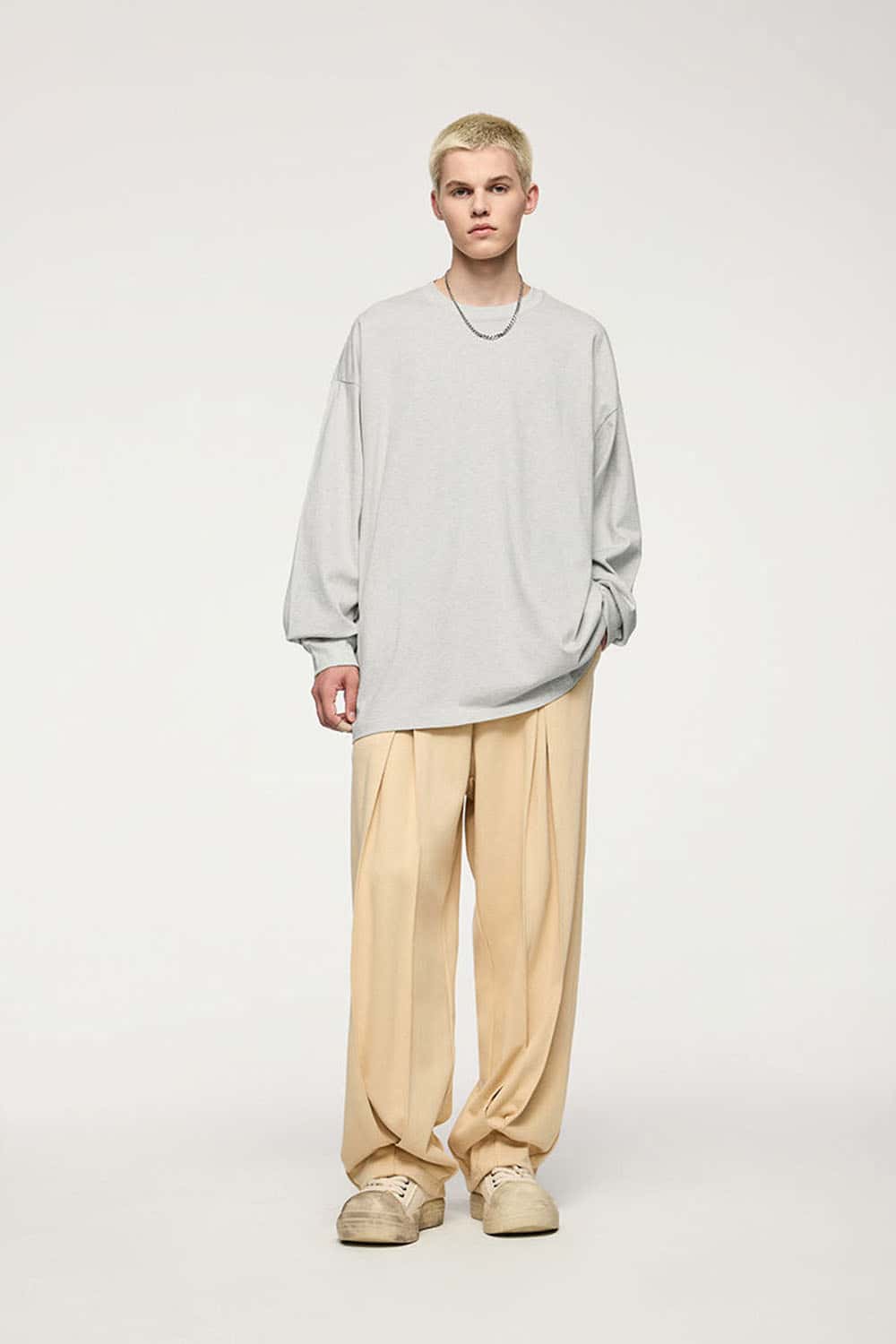 Oversized Longline Heavyweight Cotton T-Shirt in Oat Gray - full-length front modeled view