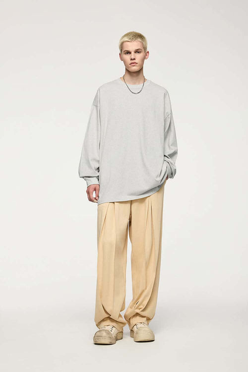 Oversized Longline Heavyweight Cotton T-Shirt in Oat Gray - full-length front modeled view