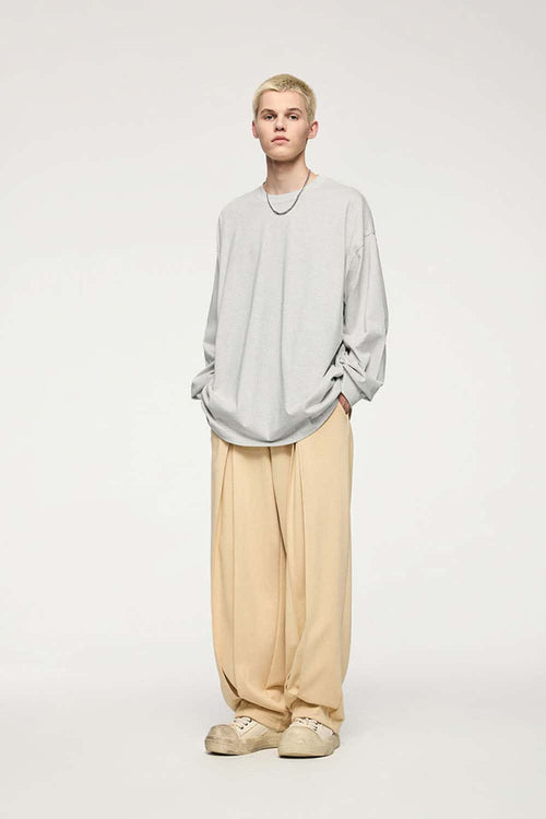 Oversized Longline Heavyweight Cotton T-Shirt in Oat Gray - full-length front modeled view