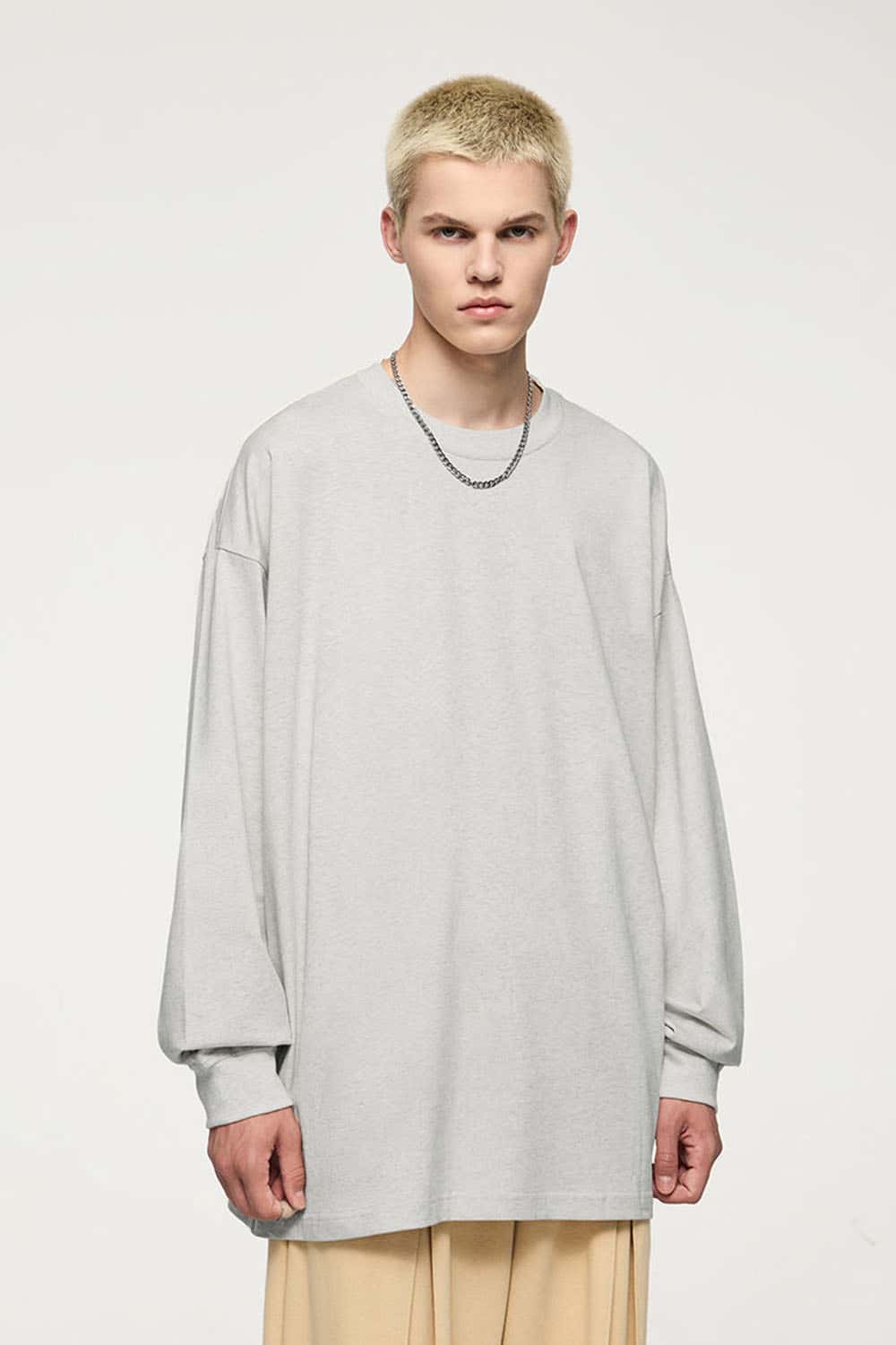 Oversized Longline Heavyweight Cotton T-Shirt in Oat Gray - front modeled view