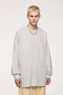 Oversized Longline Heavyweight Cotton T-Shirt in Oat Gray - front modeled view
