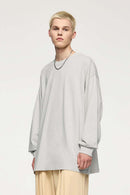Oversized Longline Heavyweight Cotton T-Shirt in Oat Gray - front modeled view