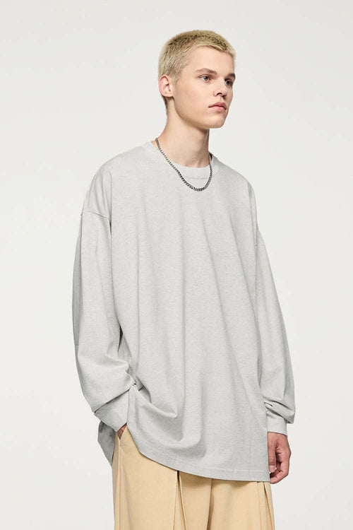 Oversized Longline Heavyweight Cotton T-Shirt in Oat Gray - front modeled view
