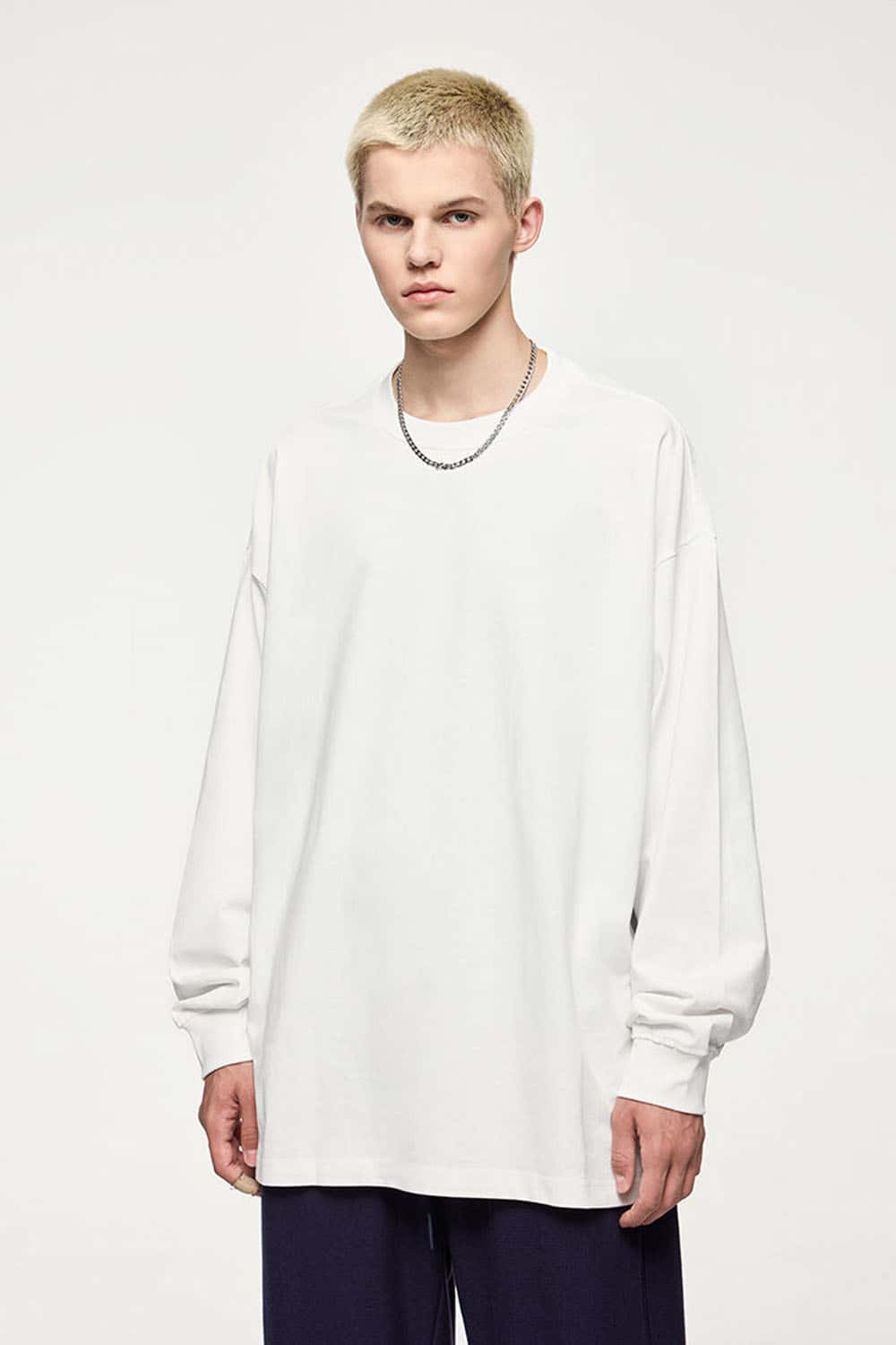 Oversized Longline Heavyweight Cotton T-Shirt in Teeth White - front modeled view