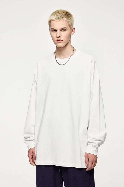 Oversized Longline Heavyweight Cotton T-Shirt in Teeth White - front modeled view